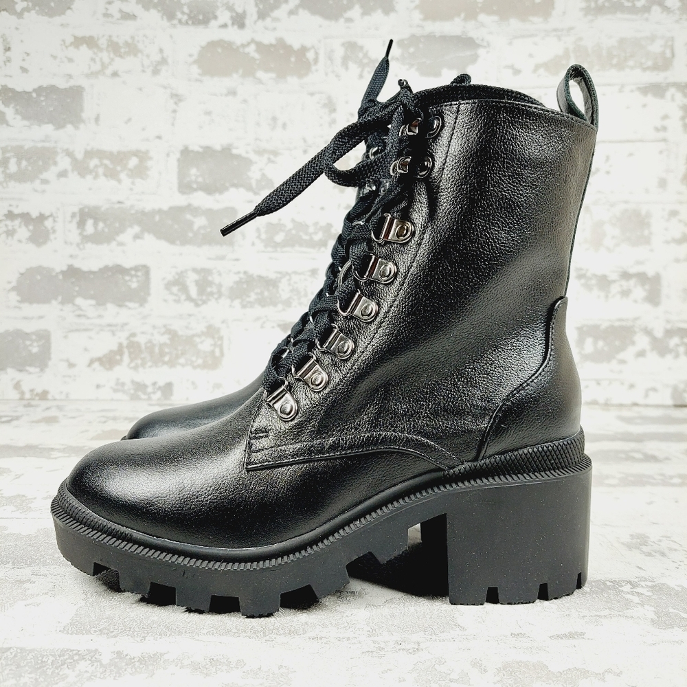 NEW Bp Taylor-Lea Black Leather Side Zip Lace Up Chunky Combat Boots W748